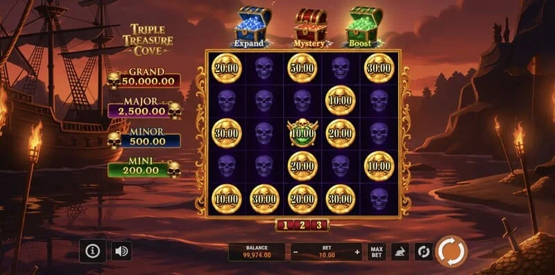 Triple Treasure Cove - ekrani kryesor me rrotullat dhe gjirin e piratëve